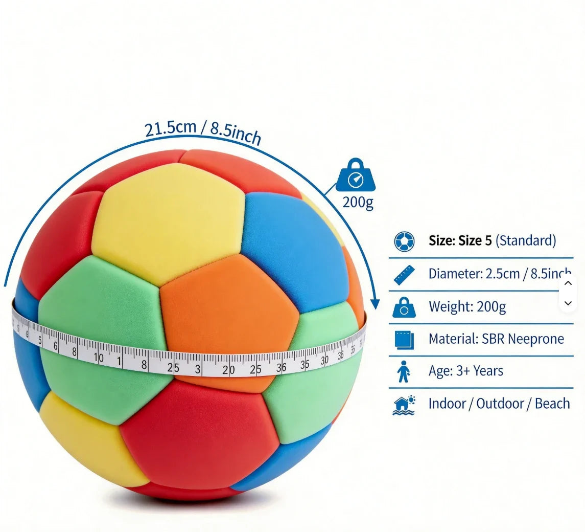 Kova Sports Silent Indoor Soccer Ball size and spec chart: 21.5cm / 8.5in circumference, 200g, size 5 standard, SBR neoprene, ages 3+, indoor/outdoor/beach