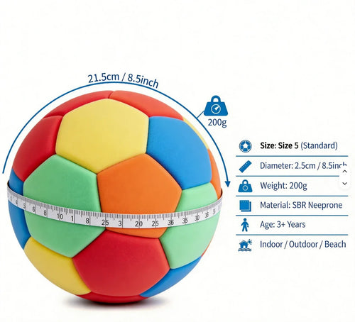 Kova Sports Silent Indoor Soccer Ball size and spec chart: 21.5cm / 8.5in circumference, 200g, size 5 standard, SBR neoprene, ages 3+, indoor/outdoor/beach