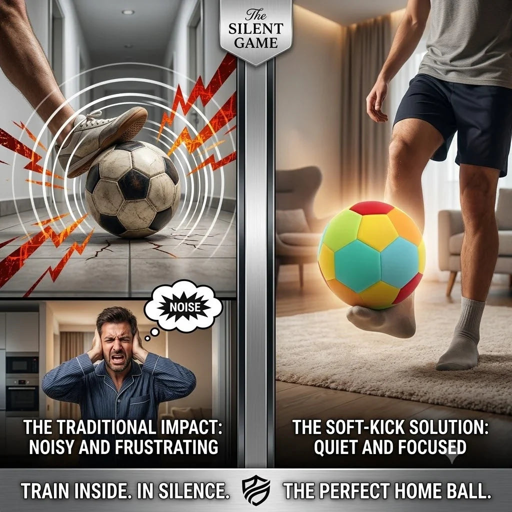 Comparison graphic: noisy traditional ball versus the quiet Kova Sports Silent Indoor Soccer Ball