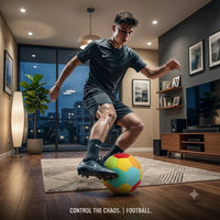 Player controlling the Kova Sports Silent Indoor Soccer Ball indoors at night